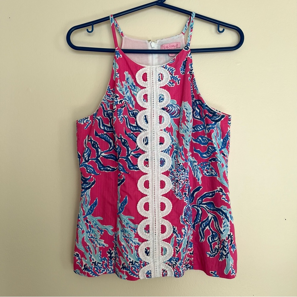Lilly Pulitzer Annabelle halter top coral pink and blue pattern with white trim